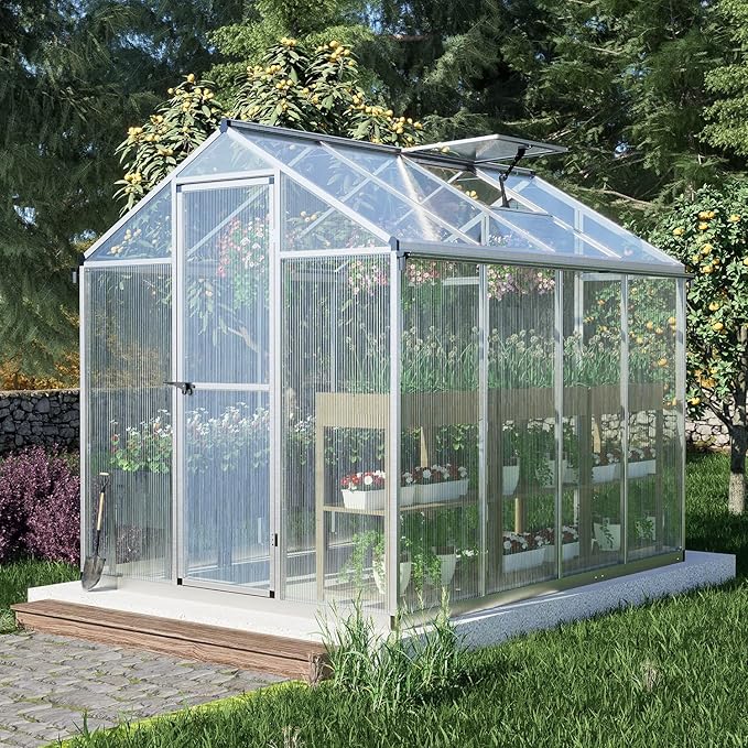 BPS 6' x 8' Walk-in Polycarbonate Greenhouse with Heavy-Duty Aluminum Frame, 1 Vent Window & Lockable Door for Outdoor, Patio, Backyard, and Garden Use