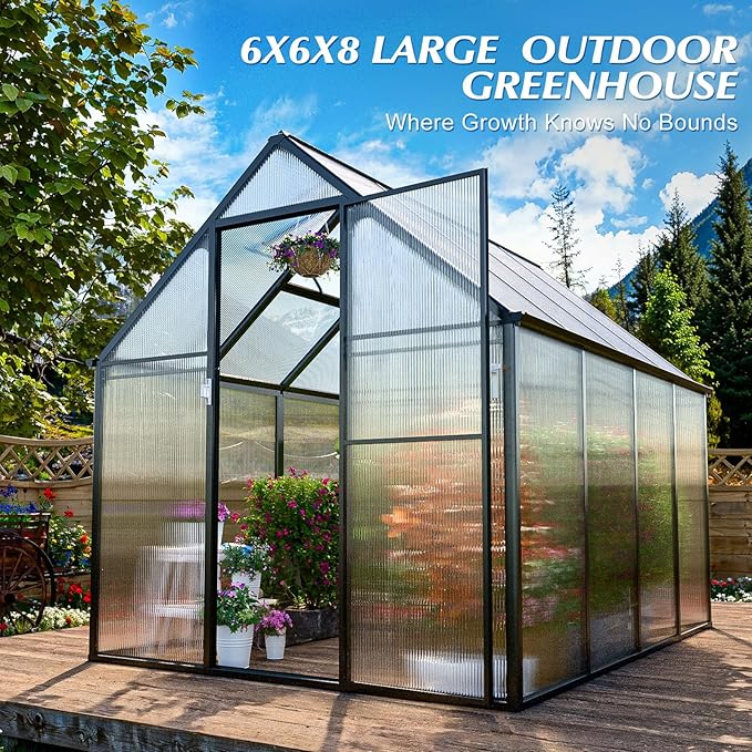 6'x8' Snap-Together Greenhouse - Easy 3-Way Connectors, Heavy-Duty Aluminum Frame, Wind/Snow Resistant for Gardening/Urban Farming, Includes Sliding Door and Ventilation Windows