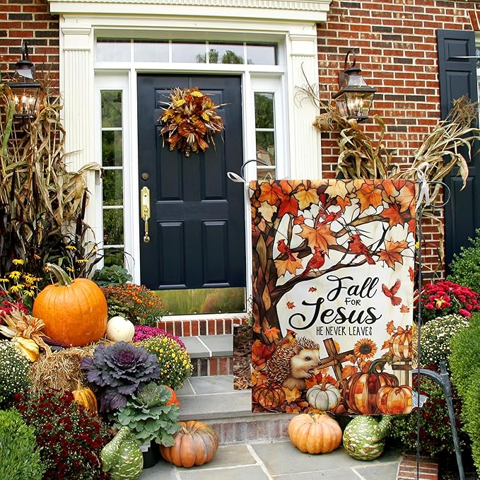 Fall for Jesus Garden Flag He Never Leaves Autumn Pumpkin Banner Stained Glass Cardinal Yard Signs Outside Halloween Thanksgiving Religious Outdoor Decor 12x18 Double Sided Small