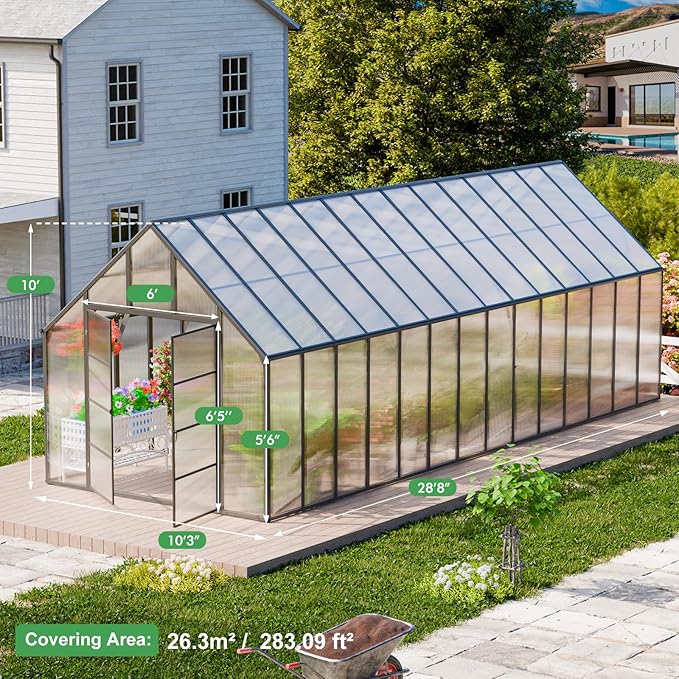 CDCASA 28x10x10 FT Greenhouse for Outdoors, Easy Assembly Large Thicker Aluminum Heavy Duty Polycarbonate Greenhouses Kit w/6 Windows, Outside Sunroom Walk-in Green House for Patio,Backyard