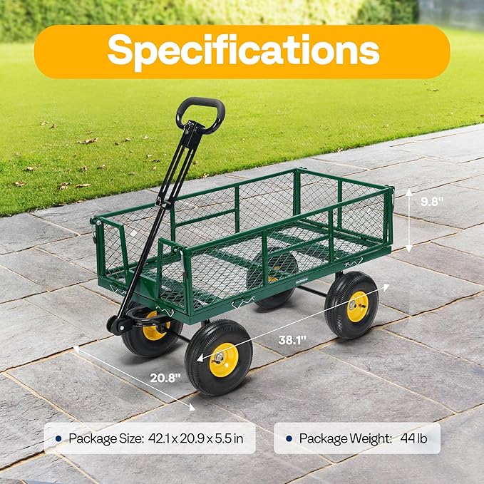 VIVOHOME Garden Cart Steel Heavy Duty 900 LBS Yard and Garden Wagon with 10 inch Tire and Handle Attach to ATV or Tractor Green