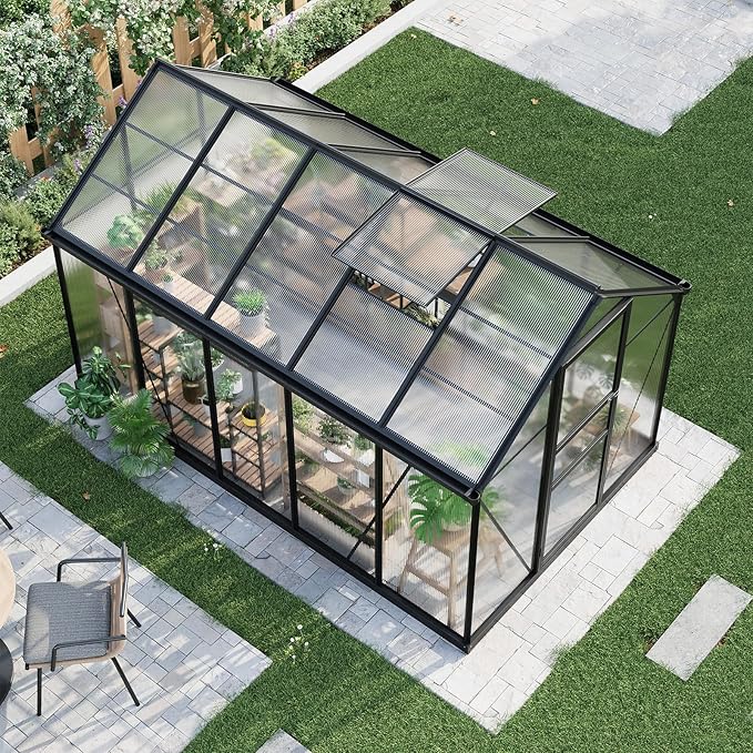 6x10FT Polycarbonate Greenhouse - Walk-in Outdoor Aluminum Frame Greenhouse with Roof Vent, Lockable Push Door for Garden, Backyard, Patio & Lawn(Black)