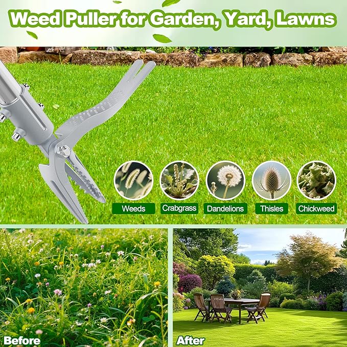 Weed Puller Tool with Gloves, Long Handle Stand Up Weed Tool, Heavy Duty Weeder Remover Tool with 4 Claw Steel Head for Garden, Yard, Lawns, Sidewalk