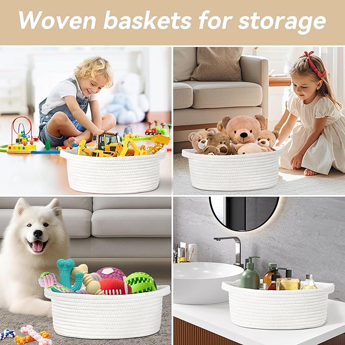 Pro Goleem Small Woven Basket with Gift Bags and Ribbons Durable Baskets for Halloween Gifts Empty Small Rope Basket for Storage 12"X 8" X 5" Baby Toy Baskets with Handles, White