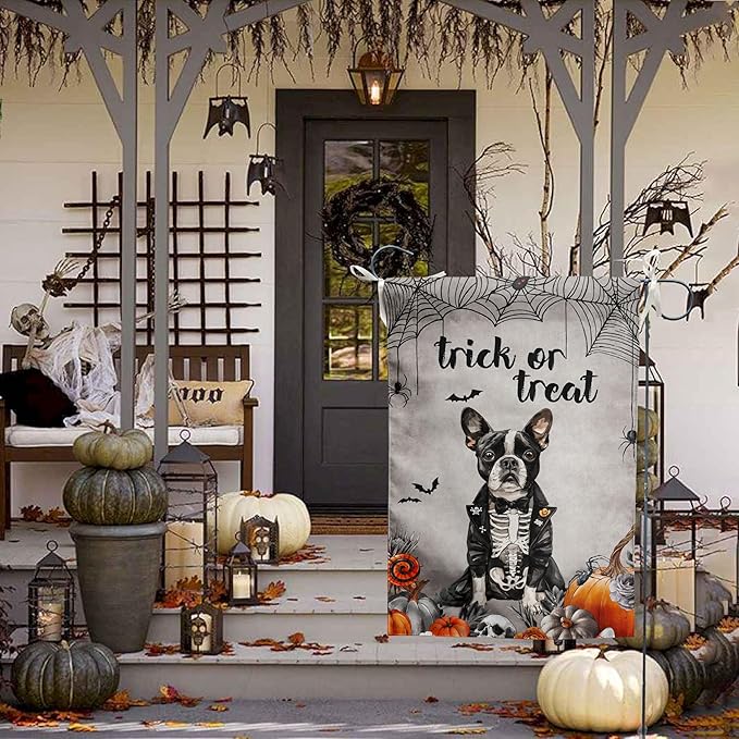 Halloween Boston Terrier Garden Flag Trick or Treat Yard Flag Ghost Dog Garden Flags for Outside 12x18 Double Sided Mini Skeleton Halloween Decor Outdoor Lawn Welcome Flag