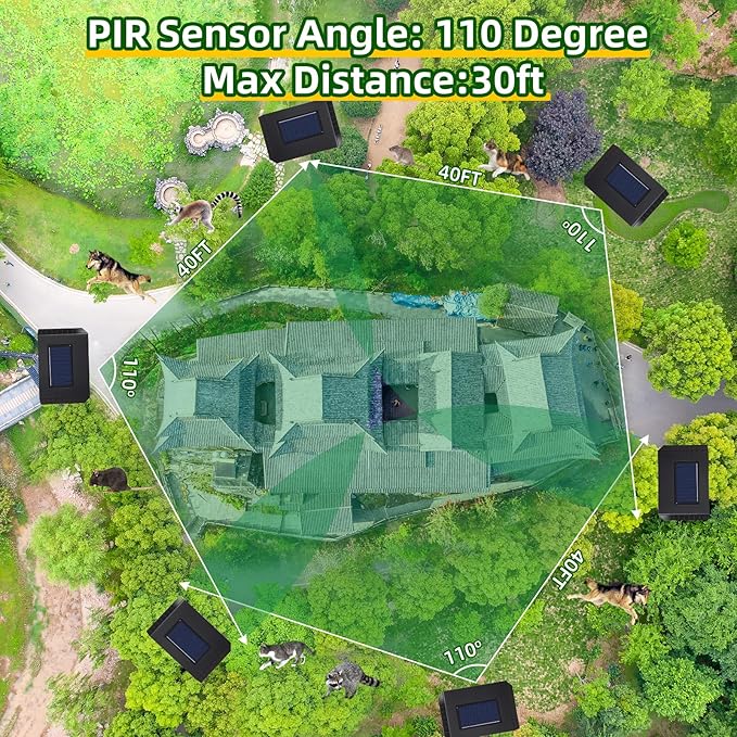 4Pack Solar Ultrasonic Animal Repellent Outdoor Solar Deer Deterrent Devices with PIR Motion Sensor, Ultrasonic Cat Repellent to Scare Squirre Dog Rabbit Raccoon Skunk Armadillos for Yard Lawn