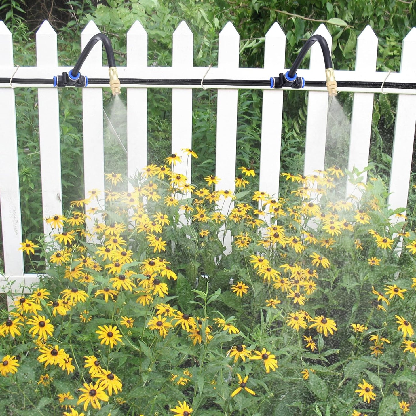 Mornajina 5Packs Brass Misting Nozzles Tee with 8inch Built in Hose for Outdoor Cooling System, Adjustable 360° Rotation, Water Mister Nozzles Thread Sprayer 0.043" (1.1 mm)