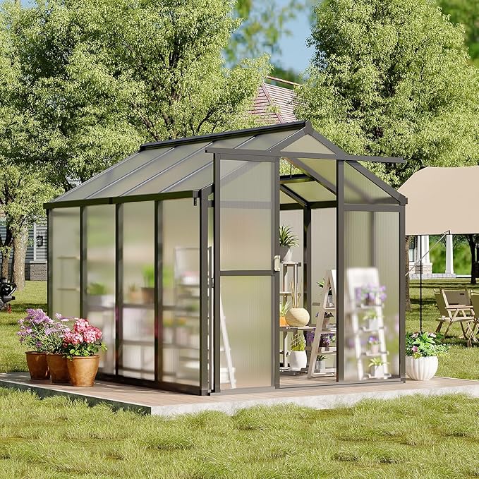 Greenhouse, 6x8 FT Greenhouse for Outdoors, Walk-in Green House with Ground Nails and Vent Windows, Sliding Lockable Door, Polycarbonate Green House for Outside Garden Backyard, Quick Setup, Black