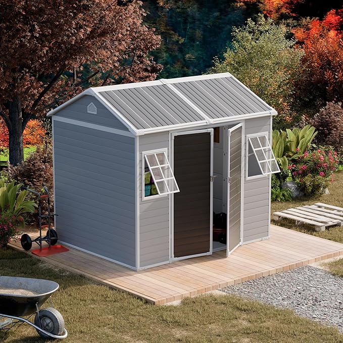 Restland 8x6 FT Resin Storage Shed with Floor & Adjustable Windows Outdoor Weather Resistant Plastic Sheds for Backyard Garden Lawn (Light Grey)