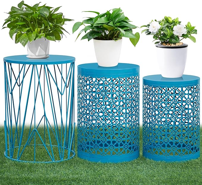 HFHOME Set of 3 Metal Side End Tables Nightstand, Nesting Round Coffee Table for Indoor Outdoor, Heavy Duty Metal Plant Stand Living Room Garden Stool - Blue