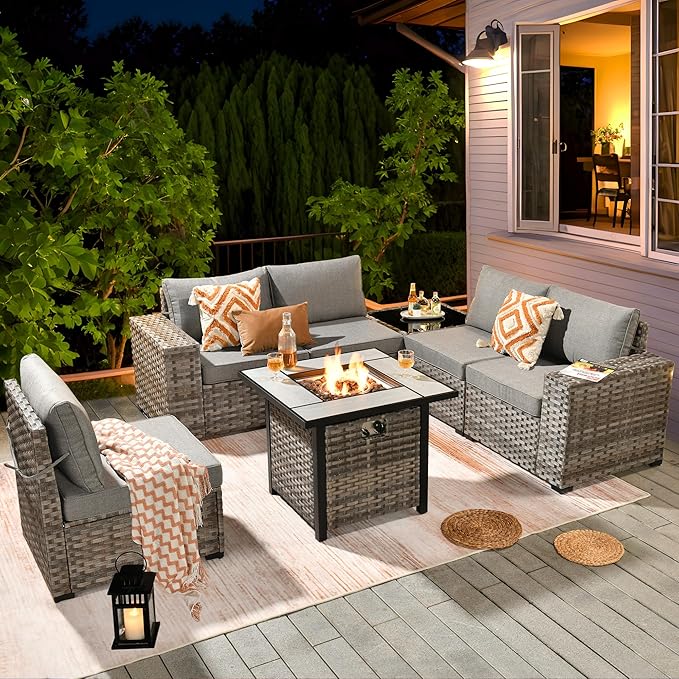 ovios 7 Pieces Patio Furniture Set, Outdoor Wicker Sectional Sofa with 30 Inch Fire Pit Table Comfy Cushions, Modern Modular Deep Seat Rattan Couch Conversation Set, Dark Grey