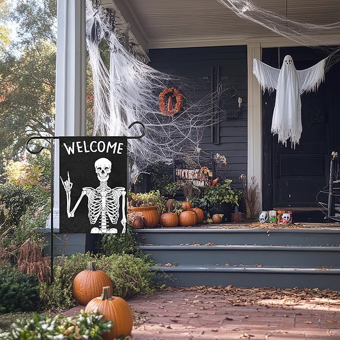 Welcome Halloween Garden Flag for Outside, 12x18 Inch Double Sided Halloween Scary Skeleton Yard Flag, Farmhouse Small Yard Flags for Outdoor Decorations, Holiday Decor Gifts-A07