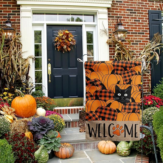 Black Cat Fall Garden Flag Pumpkin Autumn Yard Sign Thanksgiving Outdoor Decorations Porch Farmhouse Halloween Funny Banner for Outside 12x18 Double Sided Small