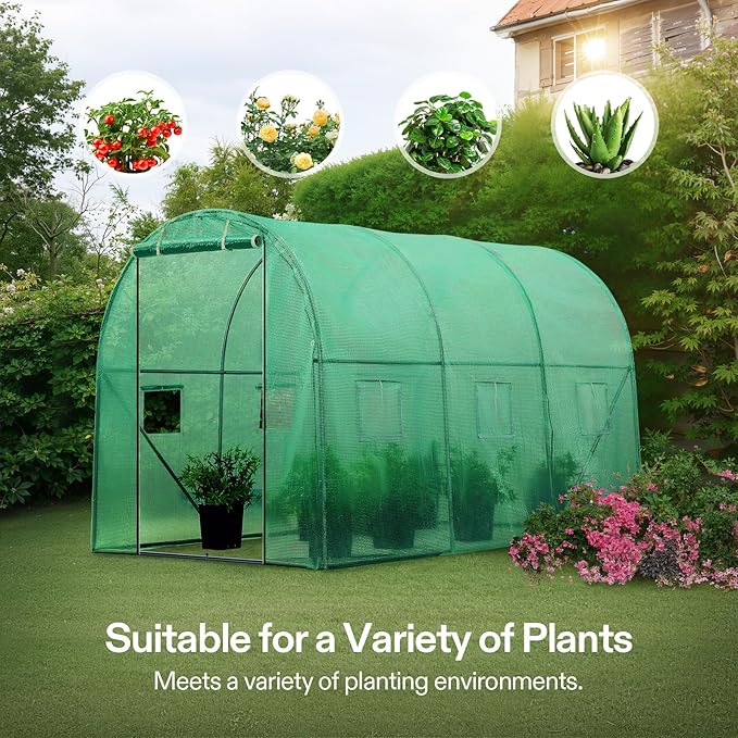 VIVOSUN 10x7x7 Ft. Large Walk in Greenhouse, Greenhouse Tunnel, Garden Plant Hot House with Green PE Cover, Roll-up Zipper Door and Window for Outdoor