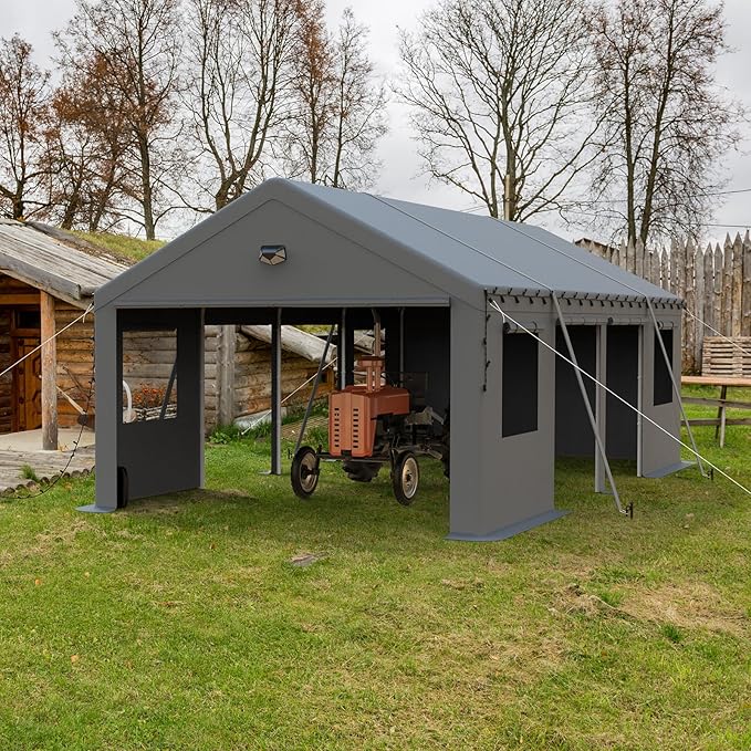 13x25 Carport Canopy, Heavy Duty Car Ports with Sidewalls, Portable Garage Carports with Roll Up Zipper End & Side Doors, Grey