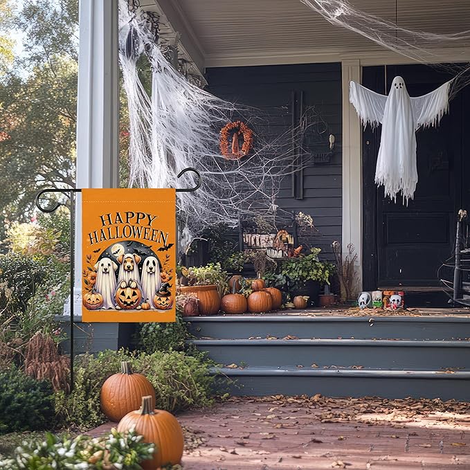 Happy Halloween Garden Flag for Outside, 12x18 Inch Double Sided Halloween Dog Pumpkin Ghost Bats Yard Flag, Farmhouse Small Yard Flags for Outdoor Decorations, Holiday Decor Gifts-A05