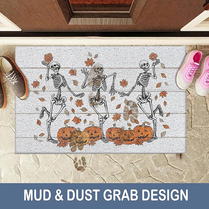 Gothic Halloween Skull Door Mat, Fall Maple Leaf Halloween Pumpkin Doormat Non-Slip for Front Door Porch Indoor Outside Entrance Entryway, Funny Spooky Gothic Welcome Mat, 17x30 Inch