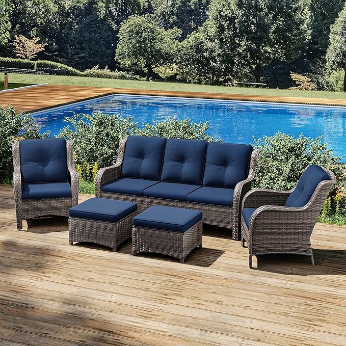 Joyside Patio Furniture Set 5-Piece Wicker Outdoor Furniture Conversational Set with 3-Seat Sofa, 2 Armchairs, 2 Ottoman Patio Rattan Wicker Sectional Sofa Set with Olefin Cushions(Mixed Grey/Blue)
