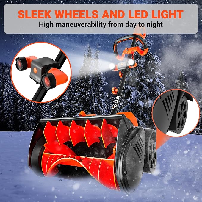 VOLTASK 48V 16-inch Cordless Snow Shovel with Wheels, LED Lights, 2 Batteries & Dual Quick Charger Included