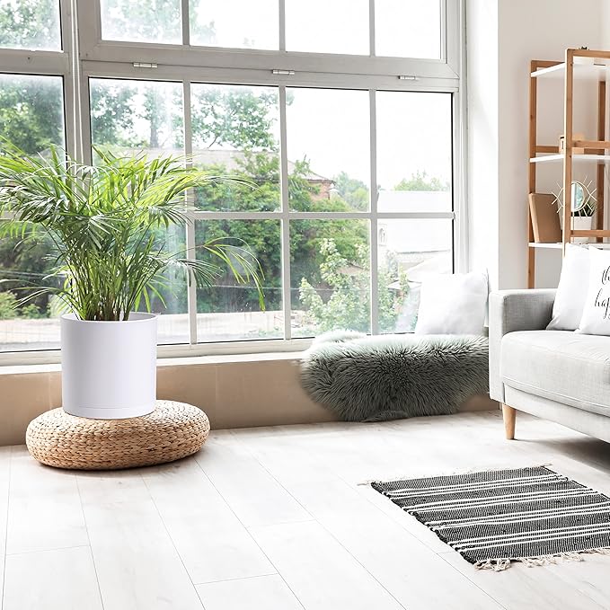 D'vine Dev 2 Pack 12 Inch Modern Plastic Plant Pots, Cylindrical Garden Planters for Plants with Drainage Holes and Saucers, White, 74-Z-P-1