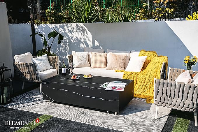 Elementi+ | Varna Gas Fire Pit | Marble Porcelain & Metal Frame | 60" Rectangular Fire Table | Electronic Ignition | Canvas Cover, Fire Glass & Burner Lid Included | Black | Propane Gas