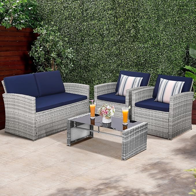 4 Pieces Patio Conversation Set, Outside Rattan Sectional Sofa, Cushioned Furniture Set, Wicker Sofa Ideal for Garden, Porch, Backyard, Grey Color Rattan and Blue Cushion