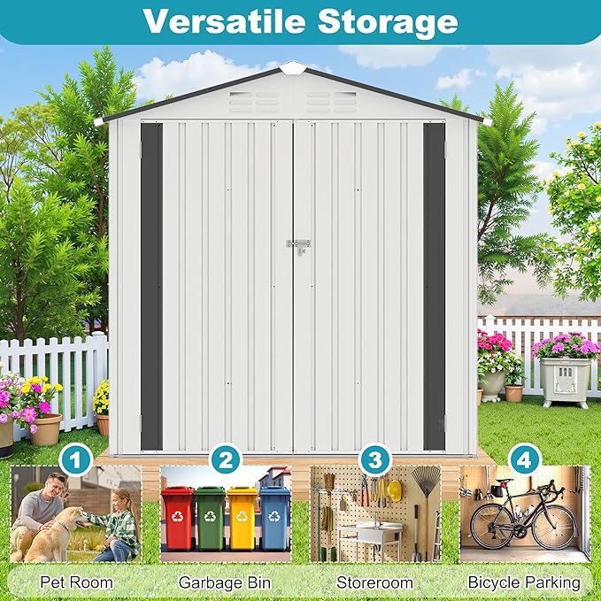 6x3.5 FT Outdoor Metal Storage Shed, Tool Shed with Peaked Roof and Lockable Door, Compact Garden Shed with Clear Window for Backyard Garden Patio Lawn, White+Gray