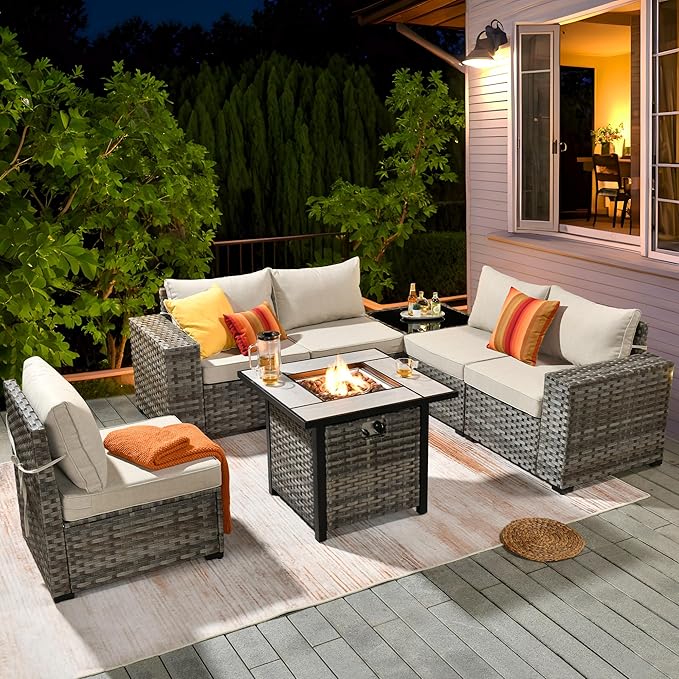 ovios 7 Pieces Patio Furniture Set, Outdoor Wicker Sectional Sofa with 30 Inch Fire Pit Table Comfy Cushions, Modern Modular Deep Seat Rattan Couch Conversation Set, Beige