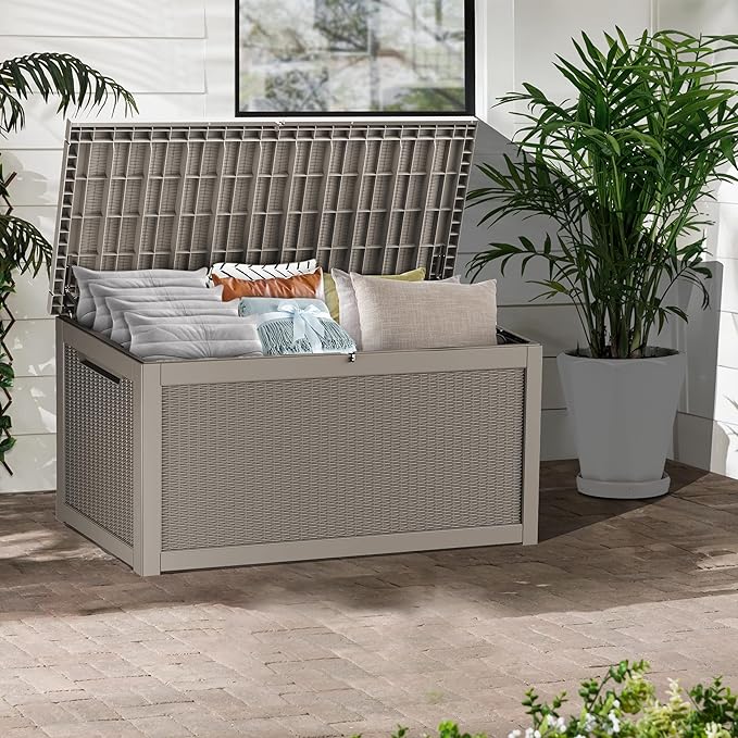 320 Gallon Deck Box, Resin Outdoor Indoor Waterproof Storage Box, Lockable Storage Box With Handle for Patio Furniture - Garden Tools - Swimming Pool Tools UV-Resistant, Brown