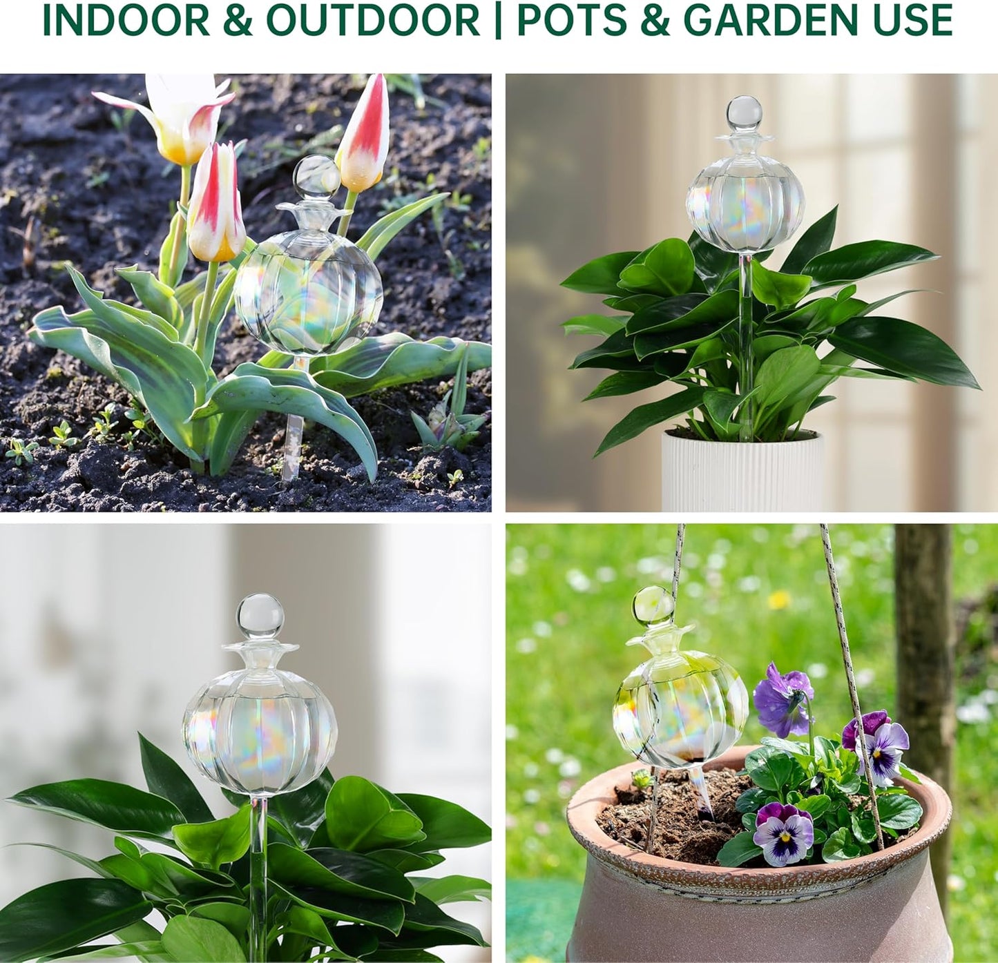 10 oz Large Top Fill Cactus Plant Watering Globes, Light Iridescent Glass Water Bulbs, Slow Release Self Watering Devices, Vacation Plant Watering System Self Watering Planter Insert, 4 Pack