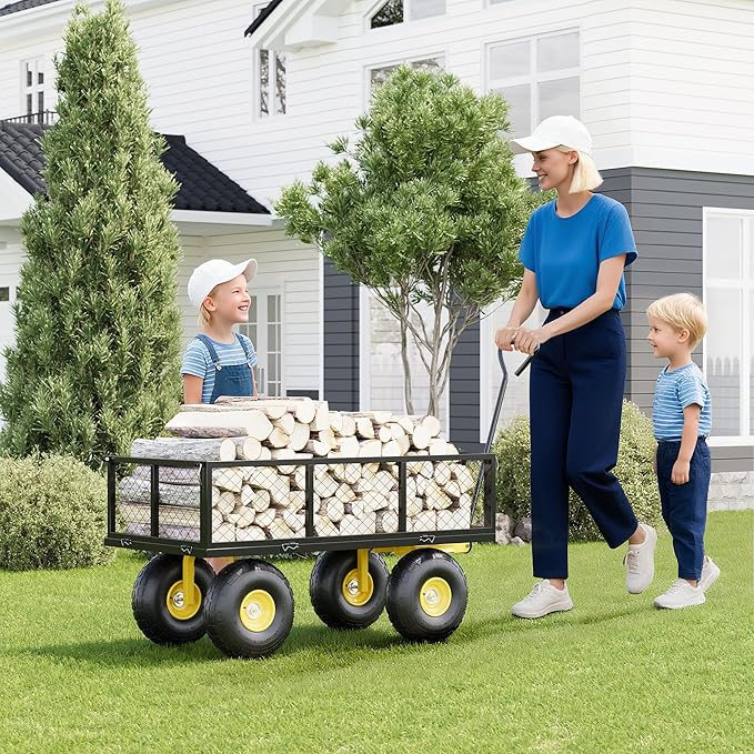 900 Lbs Garden Wagon, 2-in-1 Heavy-Duty Steel Garden Cart, with 10 Inch All-Terrain Tires and Removable Mesh Side Panels, 180° Rotating Handle, Metal Multi-Function Carts, Outdoor Gardens Wagon Cart