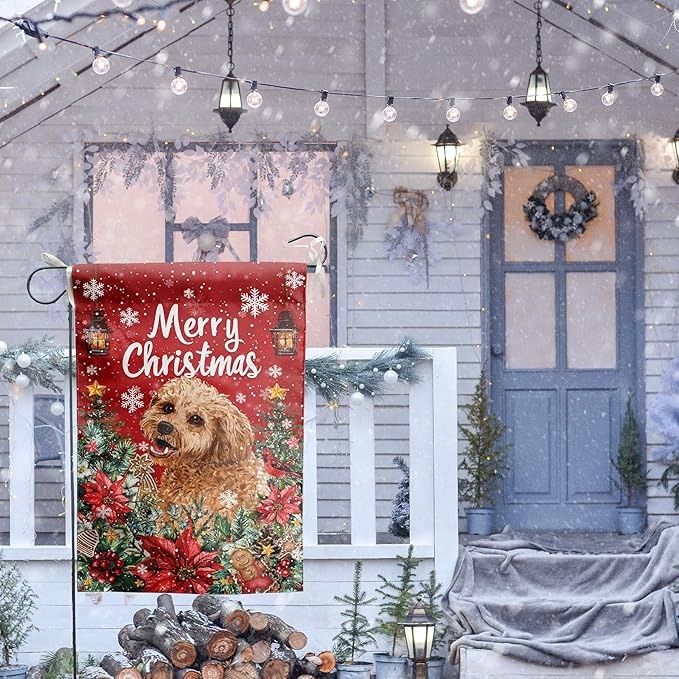 Christmas Golden Doodle Garden Flag Merry Christmas Dog Yard Flag for Outside Xmas Flags 12x18 Double Sided Red Poinsettia Garden Flags Winter Porch Decorations Outdoor