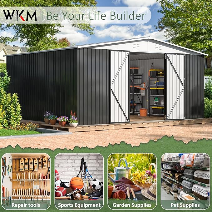 WKM 12x14 FT Outdoor Storage Shed, Utility Metal Tool Storage with Lockable Doors and Updated Frame Structure, Large Metal Garden Shed for Backyard, Patio Lawn, White