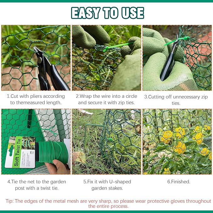 32.8FT x16Inch Plant Protectors from Animals - Wire Plant Protector Cages for Outdoor Plants, Free-Cut Metal Mesh Plant Covers Guards Fence, Chicken Wire Cloche with Ground Stakes,Zip Ties