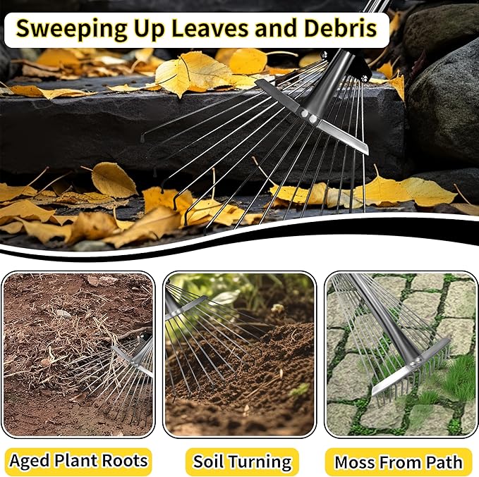 Garden Rake for Leaves,Heavy Duty Metal Adjustable Leaf Rake for Lawns,Long Handle 33"-69" with Expandable Head 8"-15",Garden Tools for Yard Lawn Shrub Garden Beds