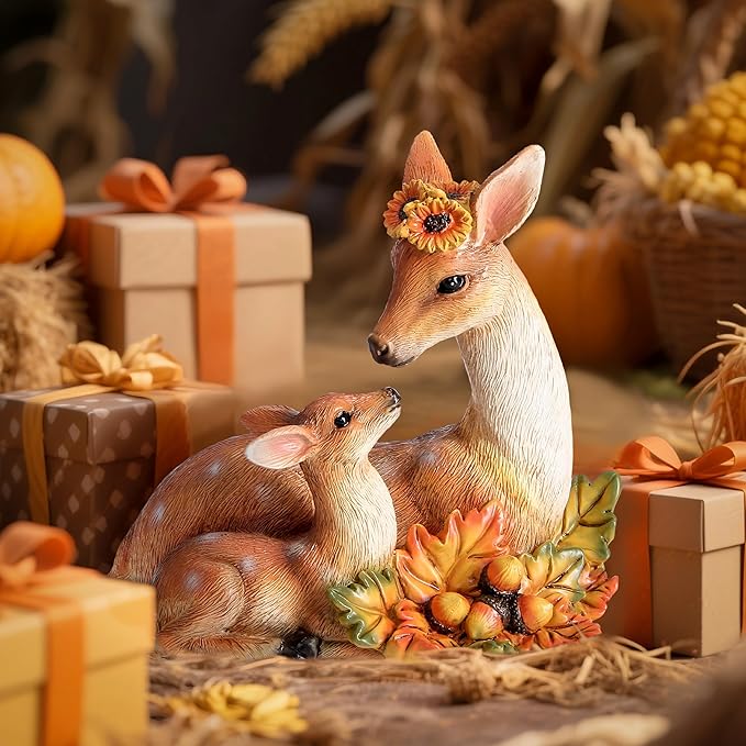 Garden Deer Statue Fall Animals Decor Resin Harvest Mother and Baby Deer Acorn with Maple Leaves Figurines Autumn Thanksgiving Indoor Outdoor Decorations Patio Yard Lawn Ornaments