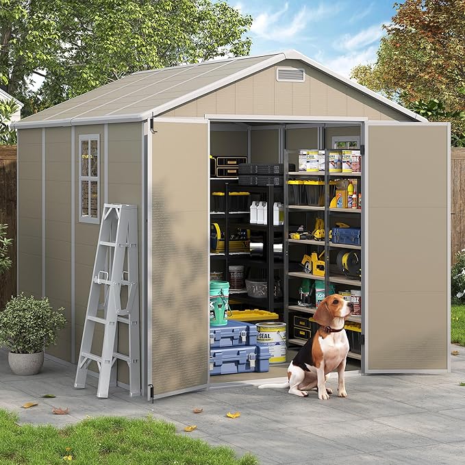 Outdoor Storage Shed, 8x8 FT Resin Shed with Floor and Lockable Door, Window & Vents, Tool Sheds & Outdoor Storage for Bike, Garden Accessories, Tools, Waterproof (Light Brown)