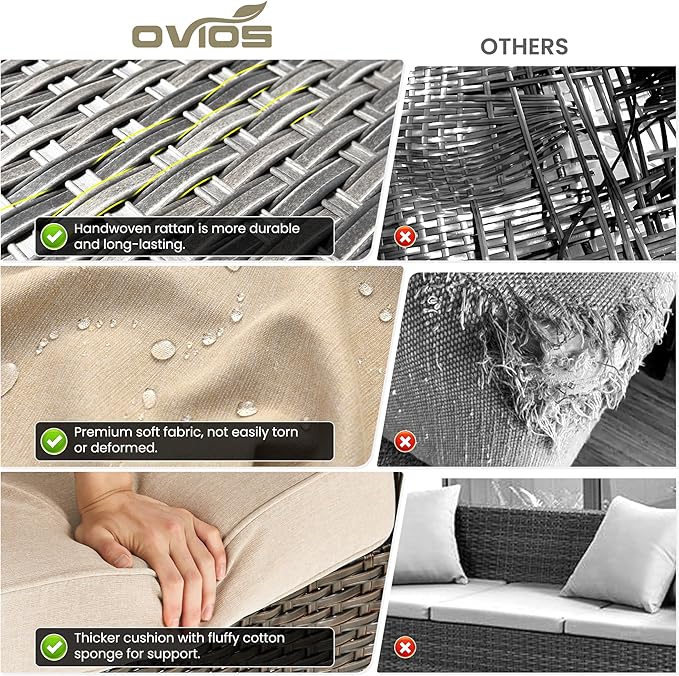 ovios 7 Pieces Patio Furniture Set, Outdoor Wicker Sofa Couch with Swivel Chairs 42" Fire Pit Table, All Weather High Back Modern Conversation Sets, Brown Rattan, Beige