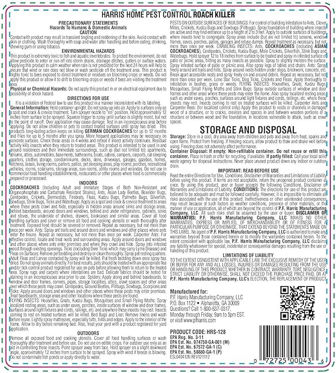 Harris Roach Killer, Liquid Spray with Odorless and Non-Staining 12-Month Extended Residual Kill Formula (Gallon)