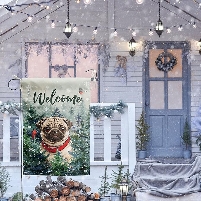 Welcome Winter Garden Flags Pug Garden Flag Cardinal Birds on Snowy Pine Tree Flag Dog Yard Flags for Outside 12x18 Double Sided Christmas Decorative Lawn Flags