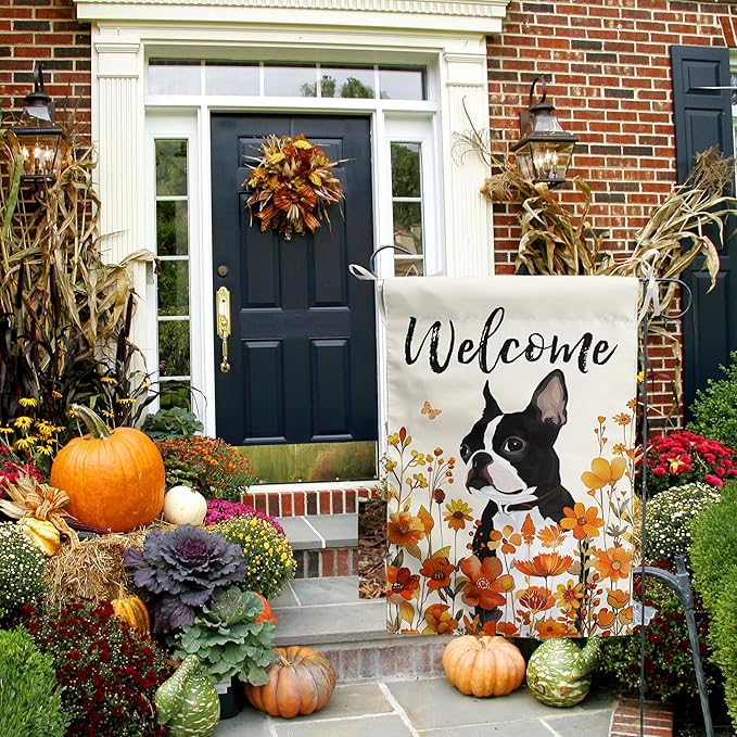 Floral Boston Terrier Garden Flag Fall Yard Flag Wildflower Dog Garden Flags Orange Autumn Lawn Flags Welcome Thanksgiving Outdoor Flags for Outside 12x18 Double Sided Small