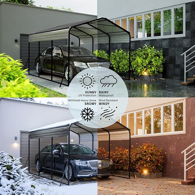 10x15 FT Heavy Duty Metal Carport with Galvanized Steel Frame & Roof, All-Weather Portable Car Garage Shelter, Metal Carports Garage for Cars, Trucks, Boats, Wind & Snow Resistant, Reinforced Base