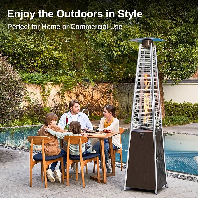 EAST OAK Pyramid Patio Heater, 48,000 BTU Outdoor Patio Heater, Quartz Glass Tube Propane Heater, Triple Protection System, With Wheels, Outdoor Heater for Commercial & Residential, Brown