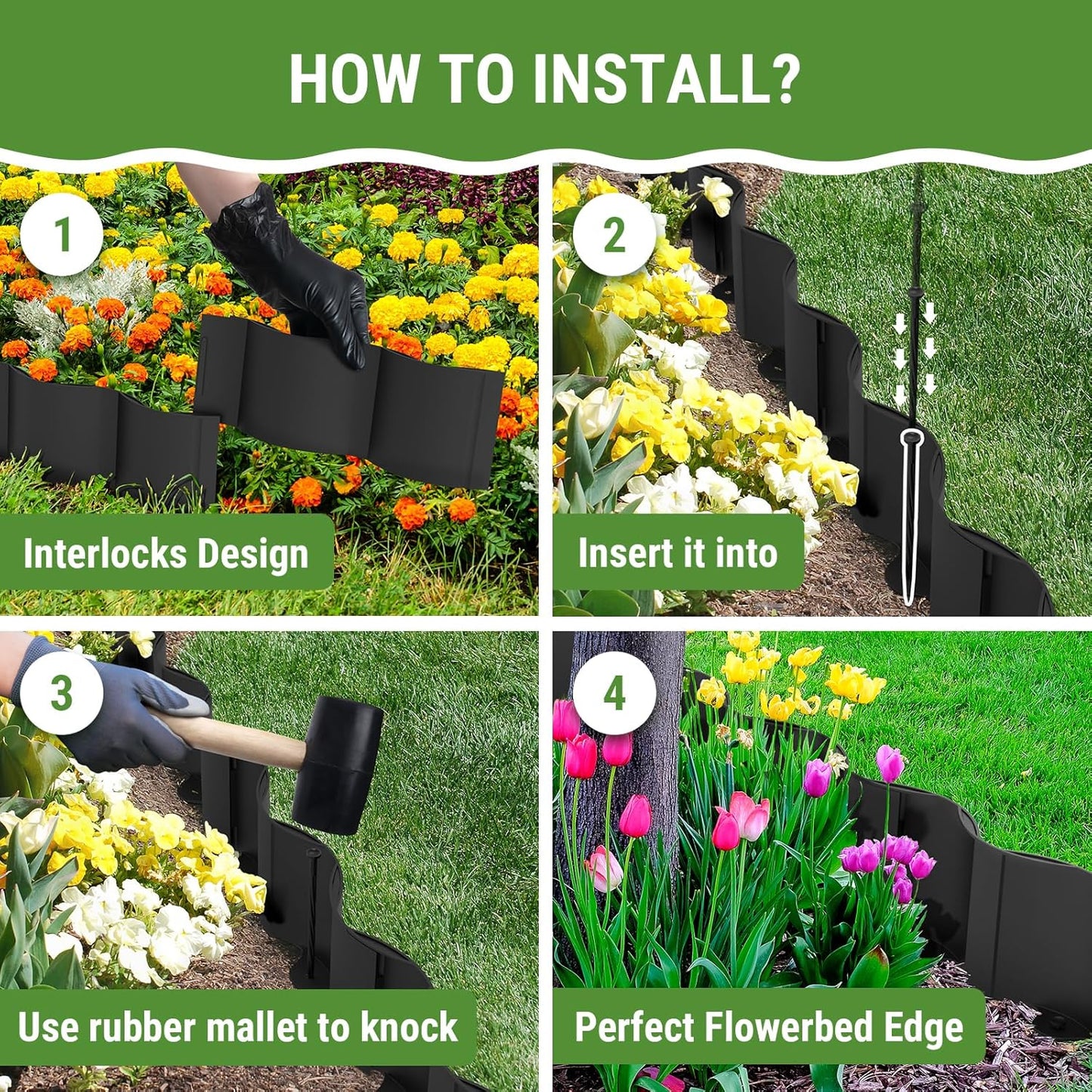 Mars Villa 40FT Landscape Edging No Dig, Interlocking Landscape Edging 5.9In Garden Edging Border with 64 Stakes, Plastic Flower Bed Border Flexible Edging for Landscaping, Lawn Patio (Black,32Pcs)