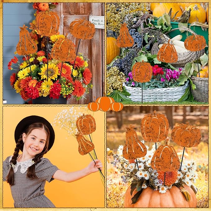 Chunful 4 Pcs Fall Vintage Decorative Garden Stakes Pumpkin Garden Stakes for Flower Planter Pot Outdoor Rustic Metal Yard Sign Thanksgiving Pumpkins Decorations Autumn Harvest Halloween Patio Lawn