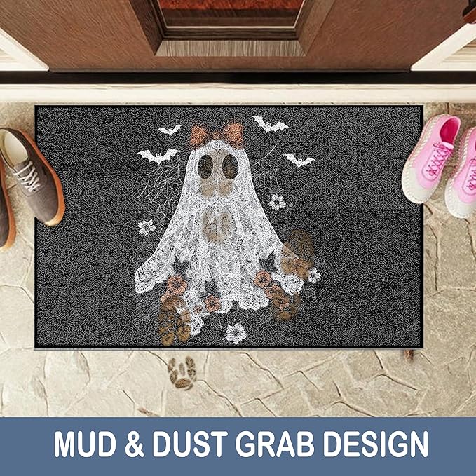 Halloween Ghost Door Mat, Vintage Halloween Ghost Spider Web Bats Doormat Non-Slip for Front Door Porch Indoor Outside Entrance Entryway, Gothic Witchy Floral Welcome Mat, 17x30 Inch