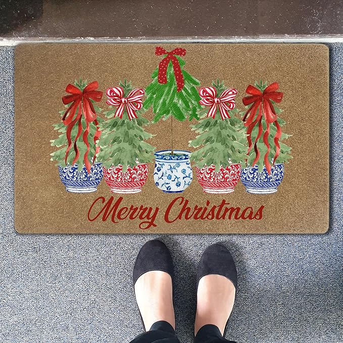 Red White and Blue Chinoiserie Faux Christmas Coir Door Mats Outdoor, Merry Christmas Door Mat for Outside Entryway, Xmas Tree Welcome Doormat for Indoor Outdoor Porch Entrance, 17x30 Inch