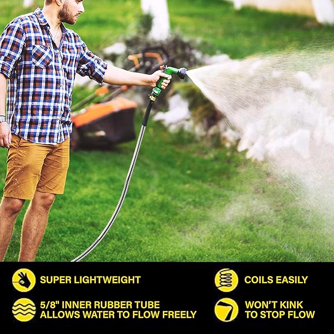 Bionic Steel Pro 125 FT Garden Hose with Nozzle, 304 Stainless Steel Metal Water Hose 125Ft, Flexible Hose, Kink Free, Lightweight & Durable, Crush Resistant Fitting, Easy to Coil, 500PSI- 2025 Model