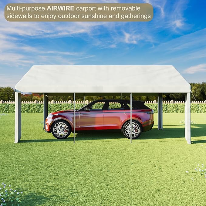 Carport 12' x 20' Heavy Duty Portable Garage, Carport Canopy with Side-Opening Door & Roll-Up Windows, Car Canopy Reinforced Four-Hole Base for Car, Truck, Boat, Party, White