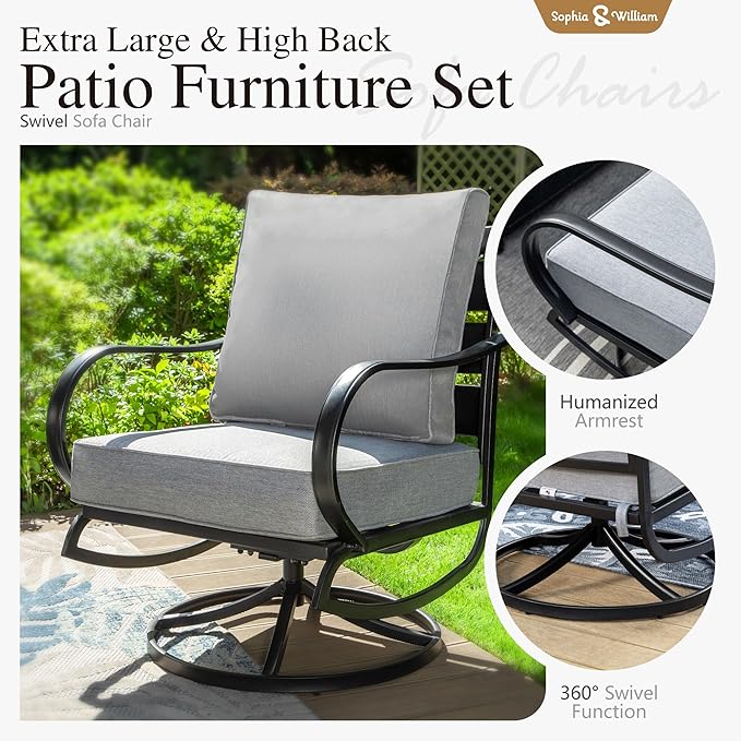 Sophia & William Patio Furniture Sets for 5 Outdoor Metal Conversation Sets 5 Pcs with 2 x Cushioned Swivel Sofa Chairs, 2 x Ottomans as Coffee Table, 1 x 3-Seat Sofa, Lawn Backyard Poolside Grey